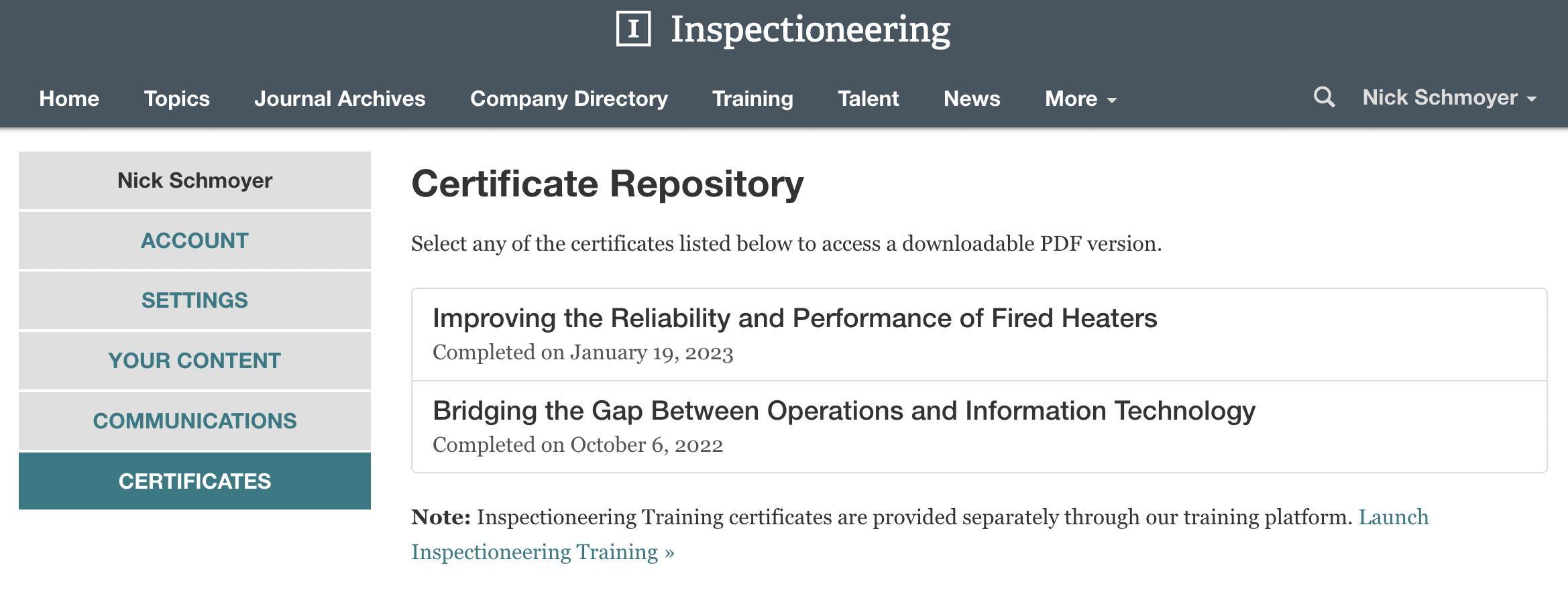 Inspectioneering Certificate Repository